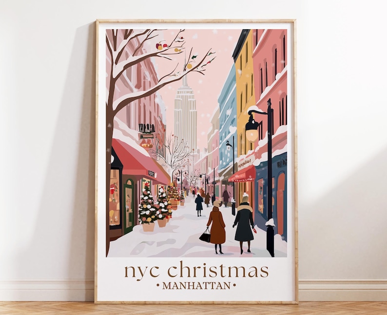 NYC Christmas Travel Print, Manhattan Holiday Poster, Rockefeller Center Wall Art, New York Winter Scene, Festive Home Decor image 1