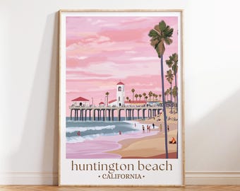 Huntington Beach California Travel Poster, Surf City Art, Coastal Landscape Print, California Beach Decor, Travel Gift