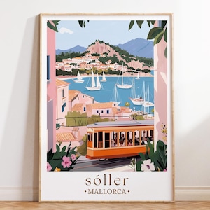 Sóller Mallorca Reiseposter, Kunst eines spanischen Küstendorfes, mediterraner Inseldruck, rustikale Wohndekoration, Geschenkidee für den Sommerurlaub