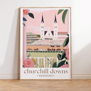 Poster du Kentucky Derby, art mural Churchill Downs, décoration rétro de Louisville, oeuvre d'art paysage urbain pastel, art mural Kentucky Derby