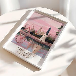 a picture of a chicago skyline with a ferris wheel