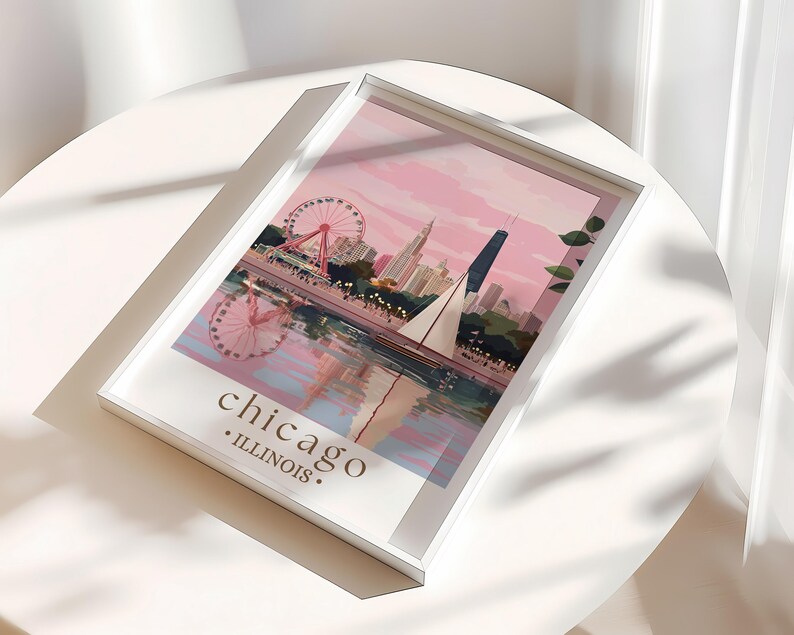 a picture of a chicago skyline with a ferris wheel