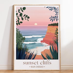 Sunset Cliffs San Diego Poster, Coastal California Wall Art, Illustrated Ocean View Print