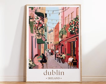 Dublin Ireland Art Print, City Travel Wall Poster, Historic European Street Scene, Irish Urban Decor Illustration