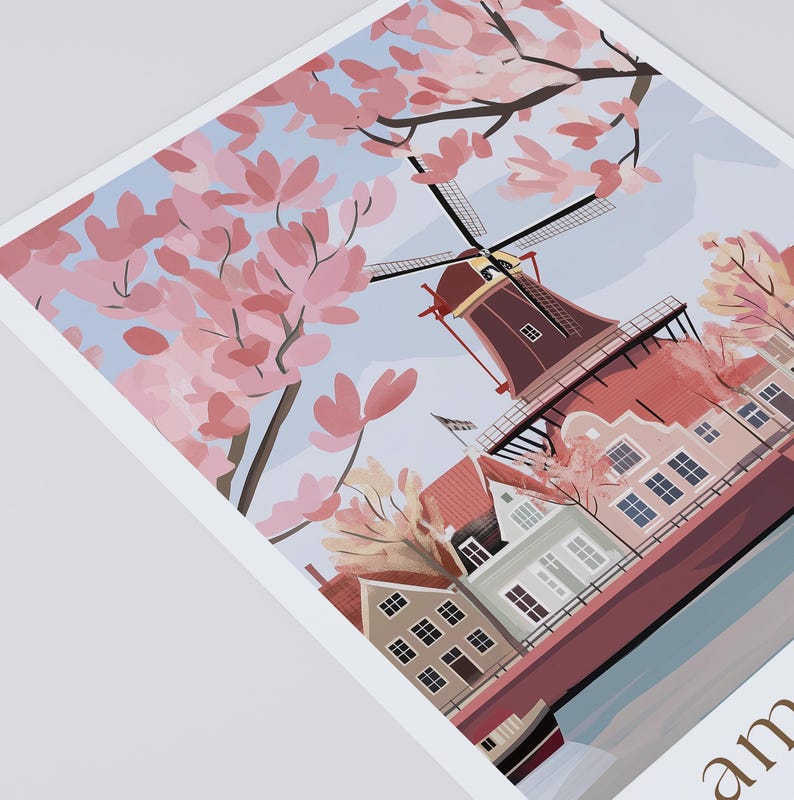 Amsterdam Travel Print, Netherlands, Amsterdam Poster, Birthday present, Wedding Gift, Custom Text, Personalised Gift, Windmill Art Print image 3