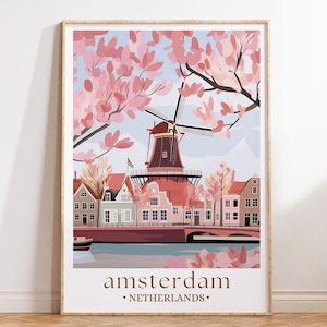 Amsterdam Travel Print, Netherlands, Amsterdam Poster, Birthday present, Wedding Gift, Custom Text, Personalised Gift, Windmill Art Print image 1