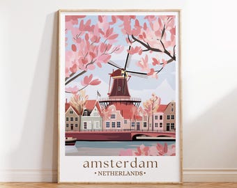 Lámina de viaje a Ámsterdam, Países Bajos, Póster de Ámsterdam, Regalo de cumpleaños, Regalo de boda, Texto personalizado, Regalo personalizado, Lámina artística de molino de viento