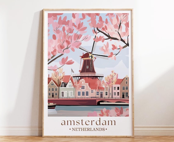 Amsterdam Travel Print, Netherlands, Amsterdam Poster, Birthday present, Wedding Gift, Custom Text, Personalised Gift, Windmill Art Print