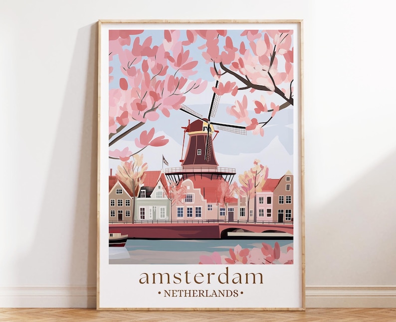Amsterdam Travel Print, Netherlands, Amsterdam Poster, Birthday present, Wedding Gift, Custom Text, Personalised Gift, Windmill Art Print image 1