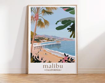 Impresión de Malibú, California, póster de viaje de Malibú, California, arte mural de EE. UU., California, decoración de pared para viajeros, regalo para viajeros, póster de viaje