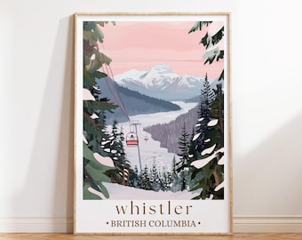 Póster de viaje en tranvía de Whistler, Columbia Británica, impresión de paisajes de montaña, arte mural de aventuras al aire libre, decoración natural canadiense, regalo