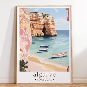 アルガルヴェ ポルトガル 旅行ポスター、海岸風景画、ヨーロッパのビーチプリント、海辺の装飾、夏の休暇ギフト