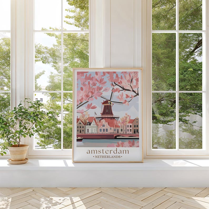 Amsterdam Travel Print, Netherlands, Amsterdam Poster, Birthday present, Wedding Gift, Custom Text, Personalised Gift, Windmill Art Print image 4