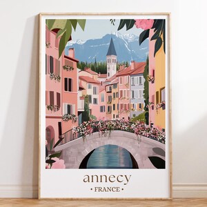 Annecy France Travel Poster, Lake Town Art Print, Illustrated French Alps Wall Decor