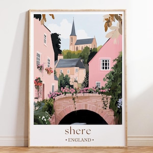 Shere England Art Print, English Countryside Poster, Illustrated Cotswolds Village Wall Decor