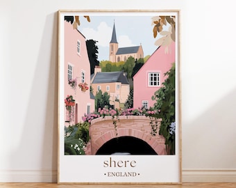Shere England Art Print, English Countryside Poster, Illustrated Cotswolds Village Wall Decor