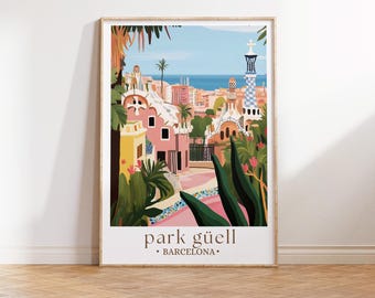 Park Güell print, Barcelona reiskunst, Barcelona muurdecoratie, Barcelona print, Barcelona stadsgezicht, Spanje kunstprint, Europa print, reiscadeau