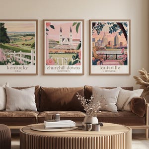 Kentucky Travel Poster, Bluegrass State Pink Green Retro Print Landscape Painting Horses Scenery Custom Travel Print Kentucky Derby Wall Art image 7