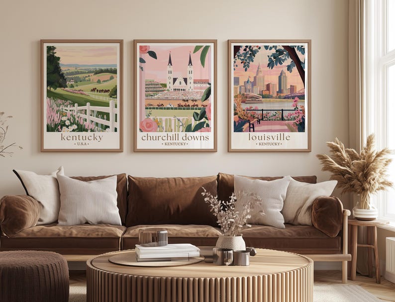 Kentucky Travel Poster, Bluegrass State Pink Green Retro Print Landscape Painting Horses Scenery Custom Travel Print Kentucky Derby Wall Art image 7