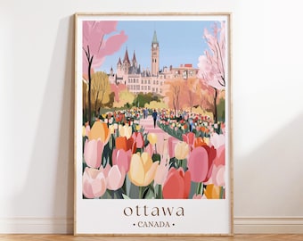 Könnte beinhalten: Ein vertikaler Kunstdruck mit einer farbenfrohen Illustration der Parlamentsgebäude in Ottawa, Kanada, umgeben von blühenden rosa Bäumen und einem lebendigen Feld aus gelben, rosa und roten Tulpen, mit dem Text Ottawa Canada.