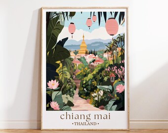 Chiang Mai Thailand Print, Temple City Poster, Illustrated Travel Wall Decor