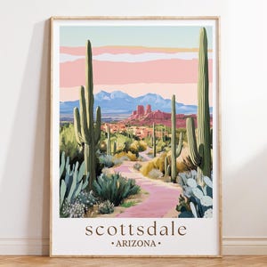 Póster de viaje de Scottsdale, Arizona, arte de paisaje desértico, impresión del suroeste, decoración del desierto americano, regalo de vacaciones
