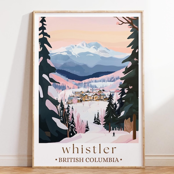 Póster de viaje de Whistler, Columbia Británica, impresión de montaña canadiense, arte mural de estación de esquí, decoración de aventuras al aire libre, regalo de invierno