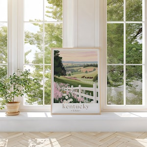 Kentucky Travel Poster, Bluegrass State Pink Green Retro Print Landscape Painting Horses Scenery Custom Travel Print Kentucky Derby Wall Art image 4
