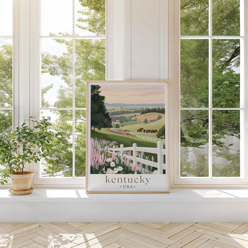 Kentucky Travel Poster, Bluegrass State Pink Green Retro Print Landscape Painting Horses Scenery Custom Travel Print Kentucky Derby Wall Art image 4