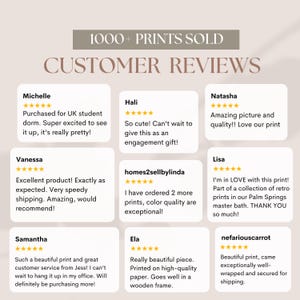 customer reviews of various products, including a print, a product from a company called homes2sellby Linda, and a print from a company called nefarious carrot. The reviews express satisfaction with the products, describing them as excellent, beautiful, and well-quality. The reviews also mention the convenience of ordering more prints and the excitement of receiving the products.