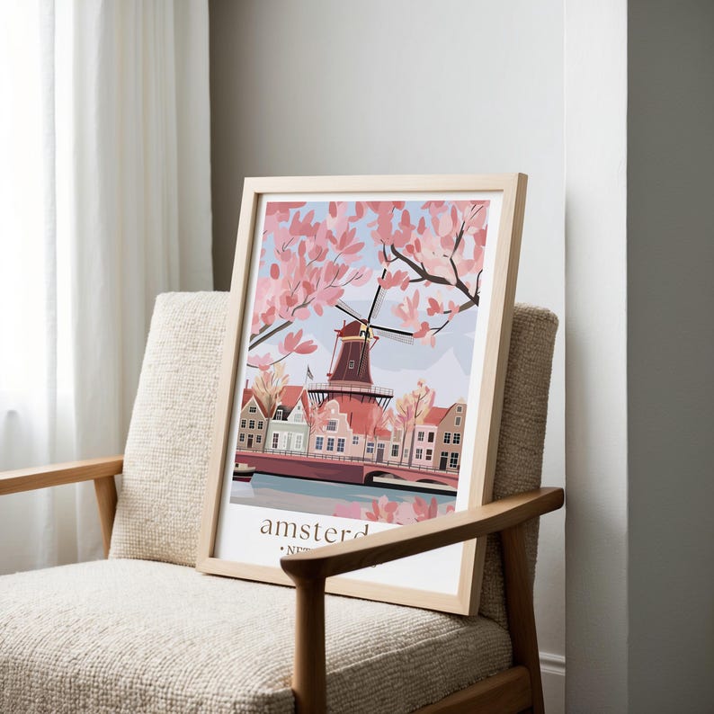Amsterdam Travel Print, Netherlands, Amsterdam Poster, Birthday present, Wedding Gift, Custom Text, Personalised Gift, Windmill Art Print image 6