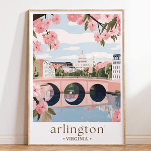 Arlington Virginia Art, Washington DC Suburb Print, Virginia Travel Poster, Cherry Blossom Cityscape, East Coast Home Decor