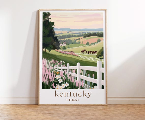 Kentucky Travel Poster, Bluegrass State Pink Green Retro Print Landscape Painting Horses Scenery Custom Travel Print Kentucky Derby Wall Art
