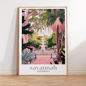 Affiche de voyage Savannah en Géorgie, art mural Géorgie, cadeau de mariage fontaine Forsyth impression Savane, affiche de voyage personnalisée, impression personnalisée,