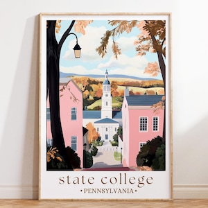 Impresión de State College, Pensilvania, póster de un pueblo pequeño, arte mural de viajes universitarios de EE. UU., decoración de dormitorios, impresión artística universitaria