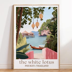 Poster de voyage de Phuket en Thaïlande, complexe hôtelier lotus blanc, impression de plage exotique, art mural complexe hôtelier de luxe, déco escapade tropicale, cadeau côtier