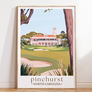 Poster de voyage Pinehurst en Caroline du Nord, art historique de parcours de golf, paysage du sud, décoration de golf, cadeau de voyage, cadeau pour golfeur