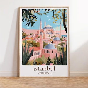 Impression de voyage à Istanbul, art mural minimaliste, décor de paysage urbain pastel, cadeau d&#39;art sur la Turquie, illustration rétro, décoration d&#39;intérieur art urbain européen