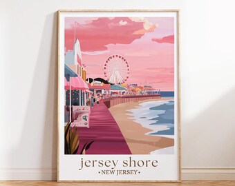 Jersey Shore NJ Print, Coastal Beach Scene, New Jersey Travel Poster, Oceanfront Decor