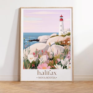 Halifax Travel Poster, Lighthouse Wall Art Print Maritime Province, Vacation Painting, Canada Painting Gifts, Nova Scotia Home Decor