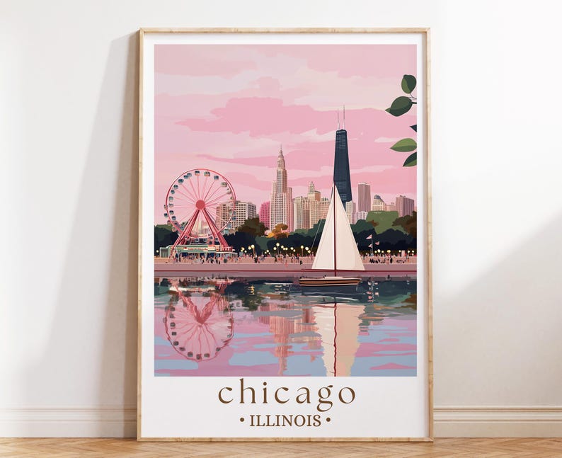 a picture of a city skyline with a ferris wheel
