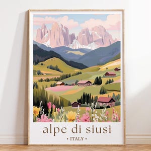Alpe di Siusi Italy Travel Print, Dolomites Mountain Wall Art, Scenic Landscape Poster, Nature Decor, European Adventure Illustration