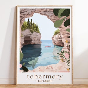 Poster de voyage de Tobermory en Ontario, impression des Grands Lacs, art du paysage canadien, décor nature pittoresque, cadeau de voyage
