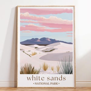 Póster del Parque Nacional White Sands, arte mural minimalista con paisajes del desierto del suroeste, decoración de viaje para el hogar