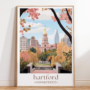 Hartford Connecticut City Art Print, Illustrated Skyline Poster, New England Urban Wall Decor