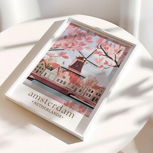 Amsterdam Travel Print, Netherlands, Amsterdam Poster, Birthday present, Wedding Gift, Custom Text, Personalised Gift, Windmill Art Print image 2