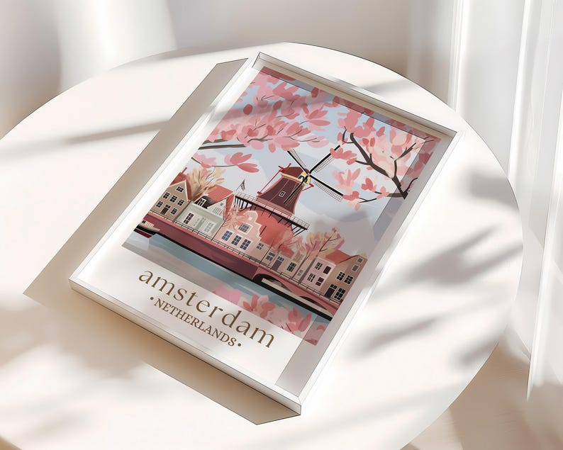 Amsterdam Travel Print, Netherlands, Amsterdam Poster, Birthday present, Wedding Gift, Custom Text, Personalised Gift, Windmill Art Print image 2