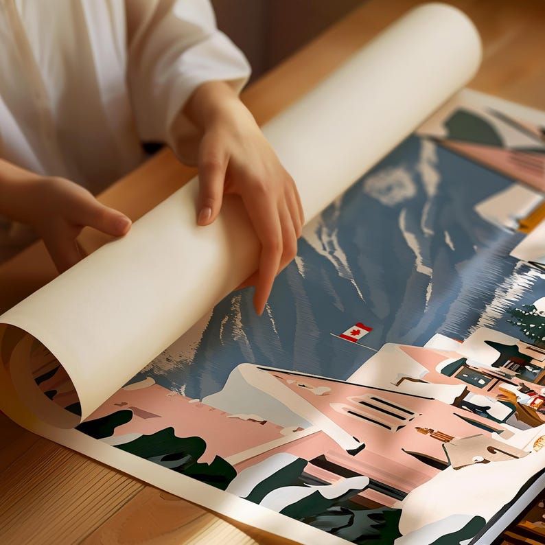 A person's hands are holding a roll of paper over a colorful, abstract painting depicting a winter landscape with a Canadian flag in the background.