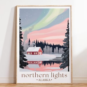 Nordlichter Alaska Reise Poster, Aurora Borealis Kunst, Winter Landschaft Druck, Natur Wand dekor, Reise Geschenk