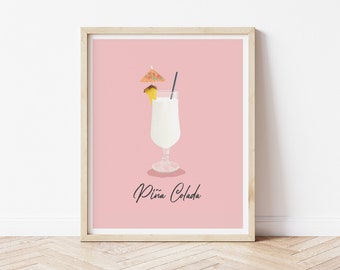 Pina Colada, Cocktail art print, Tropical Cocktail, Cocktail hour, Pink cocktail, Kitchen decor, Cocktail art prints